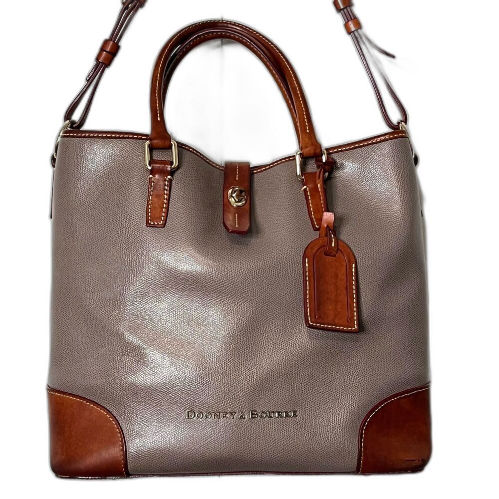 Dooney & Bourke Shelby Shopper Tote Bag Gray Pebbled Leather Brown Trim